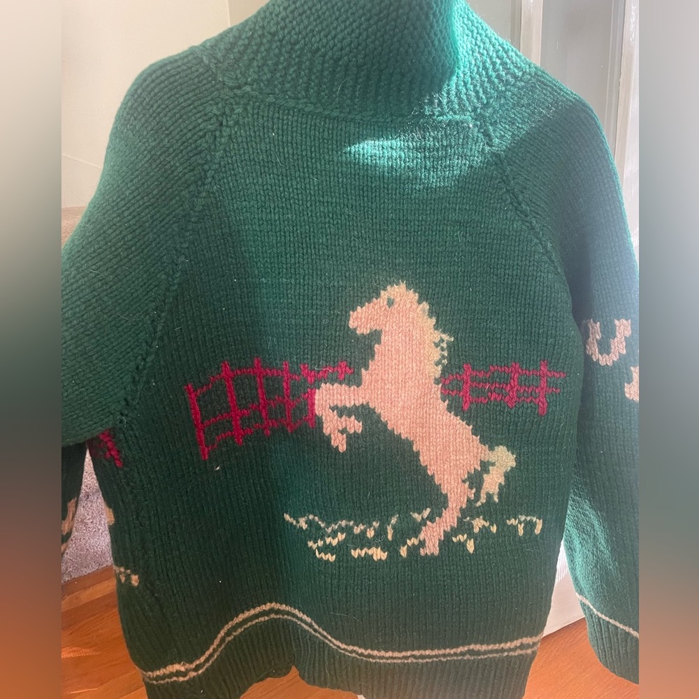 100 year old hand knitted horse cardigan from Friday Harbor. Green
